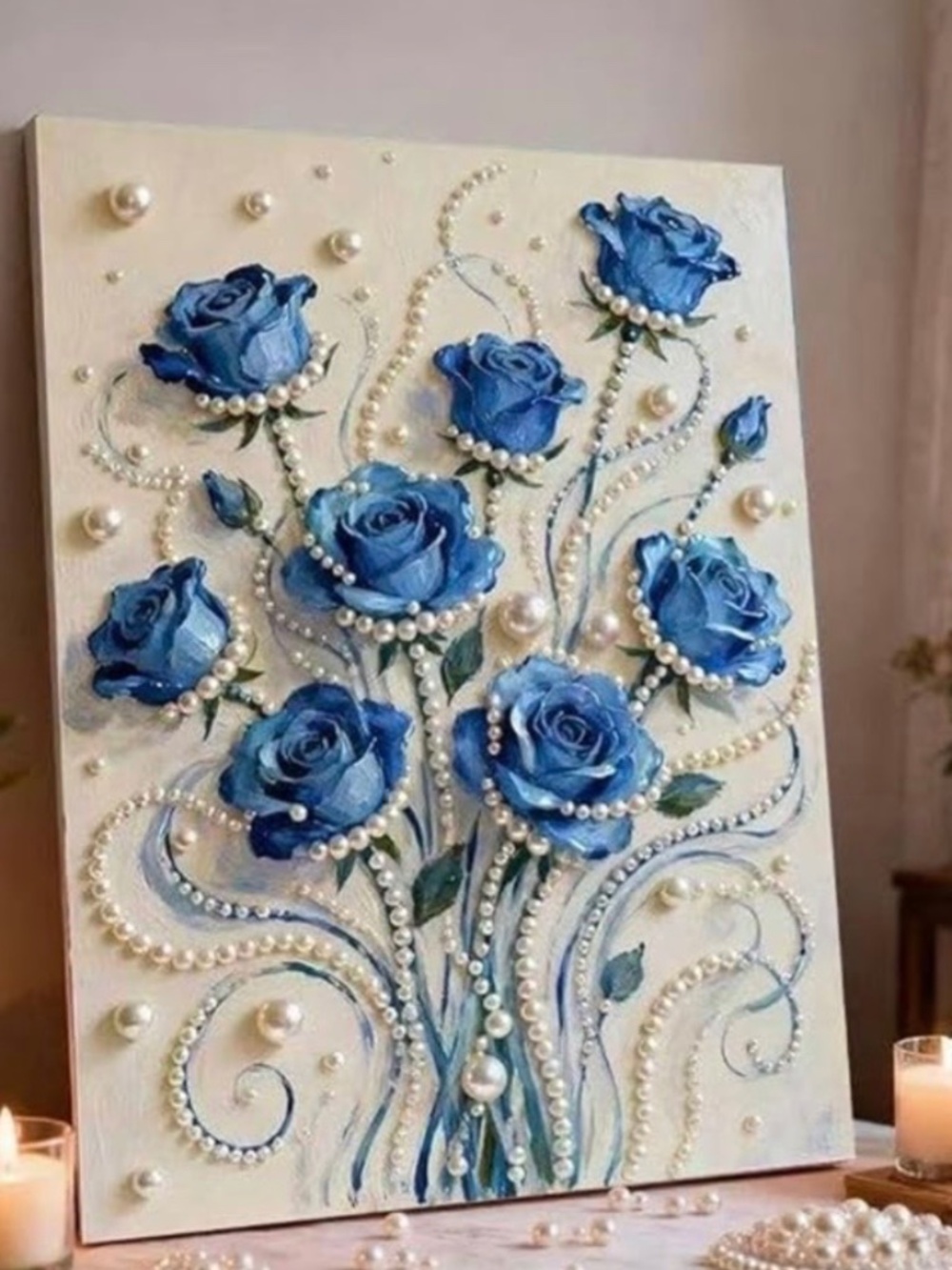 Hand Placed Crystals & Pearls on Painted Canvas
